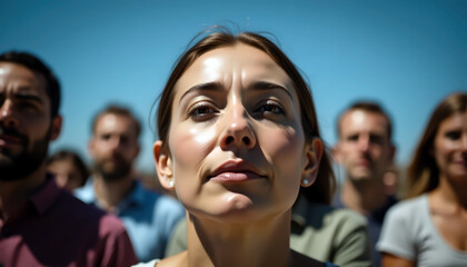 Group of diverse people standing together outdoors with clear sky in background with copy space