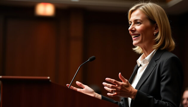 Public speaking event featuring confident woman at podium in professional setting