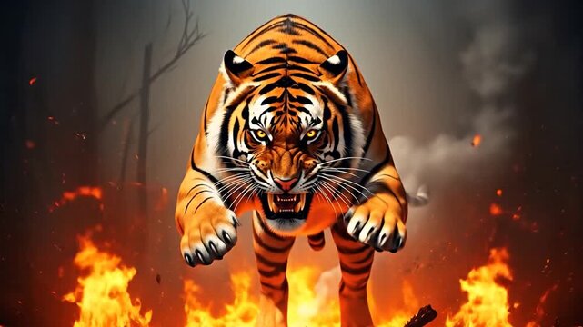Fierce tiger erupts from flames, embodying raw power and intense energy