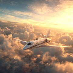 A private jet soars through a golden sunset sky, high above fluffy clouds.