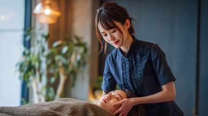 施術中の若い女性エステティシャン