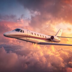 A gleaming private jet soars through a breathtaking sunset sky filled with clouds.
