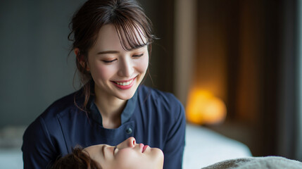 サロンで顧客に話しかけているエステティシャン