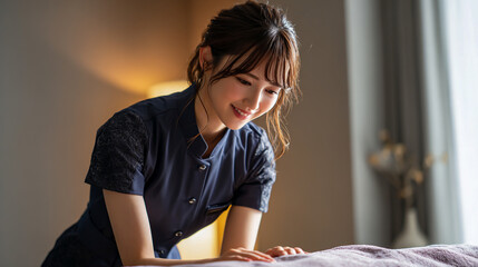 うつ伏せの顧客を施術中の若い女性エステティシャン