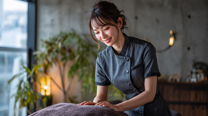 うつ伏せの顧客を施術中の若い女性エステティシャン