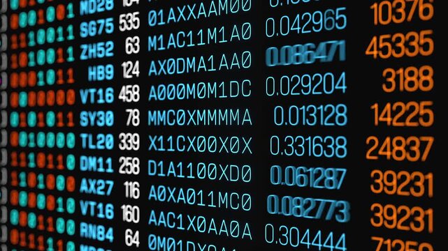 Close up interface, binary code, encryption, big data, machine code. Research, analyzing, science, data, numbers. 3D animation