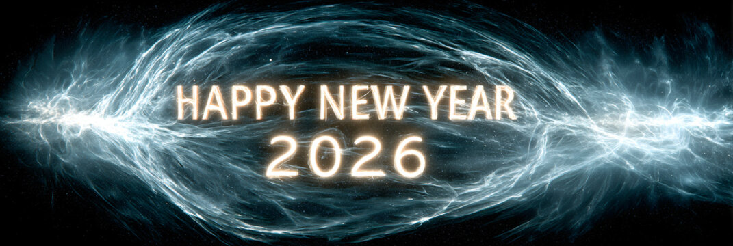 Joyful happy new year 2026 festive celebration greeting. Abstract blue light and energy wave for future on panoramic dark background
