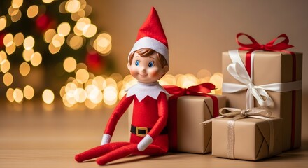 A festive Christmas elf doll sits next to wrapped presents with glowing holiday lights in the background.