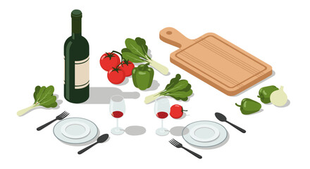Isometric dining setup with vegetables and wine for culinary inspiration