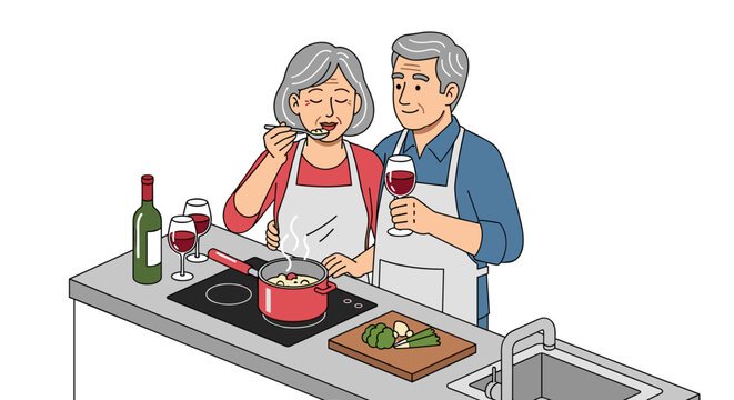 Happy elderly couple cooking together in modern kitchen with wine