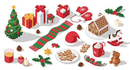 Festive isometric christmas elements with gifts, cookies, and tree