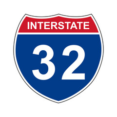 Interstate 32. Interstate highway sign. Road number. Signpost indicating route numbers in the U.S. Interstate Highway System. Even numbers run west to east. Odd numbers run north to south.