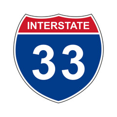 Interstate 33. Interstate highway sign. Road number. Signpost indicating route numbers in the U.S. Interstate Highway System. Even numbers run west to east. Odd numbers run north to south.