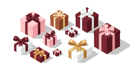 Isometric gift boxes with bows of various colors and patterns on a white background