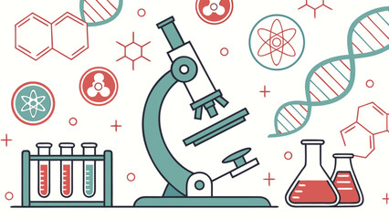 Vibrant scientific icons including microscope DNA helix and molecular structures sparking innovation and discovery for educational or research themes