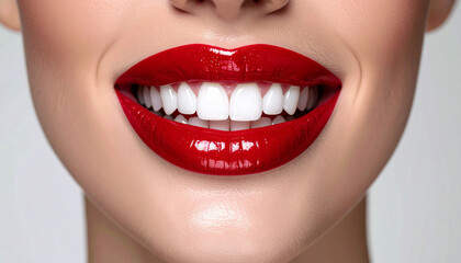 Obraz premium Red glossy lips with visible white teeth, clean composition, professional cosmetic product
