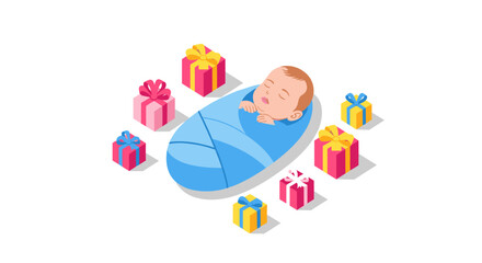 Isometric newborn baby wrapped in blanket surrounded by colorful gifts