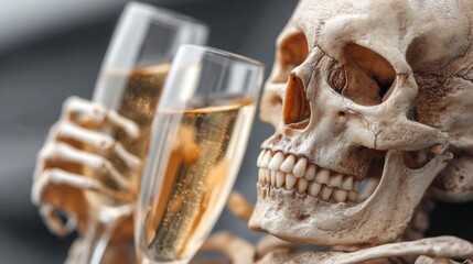 In a lavish private jet, a skeleton raises two glasses of sparkling drink, embodying an eerie celebration. The luxurious setting contrasts sharply with its bony presence