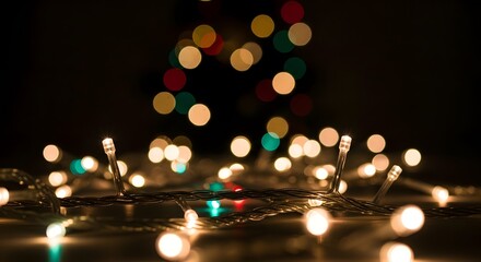 A string of warm white fairy lights on a reflective surface with colorful bokeh in the dark background.