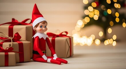 A cute Christmas elf doll sits beside wrapped presents with a festive, softly lit tree in the background.