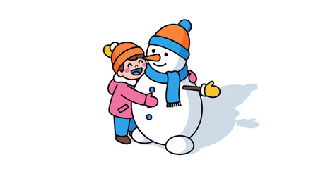 Child embracing snowman in winter scene with colorful hats and scarves
