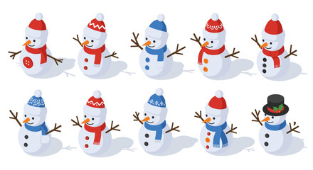 Colorful cartoon snowmen with winter hats and scarves in various styles