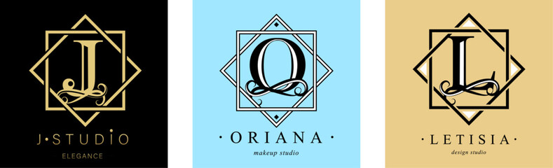 Logo J, O, capital letter L. Monogram of Botanical in two squares. with Organic Plant Elements.