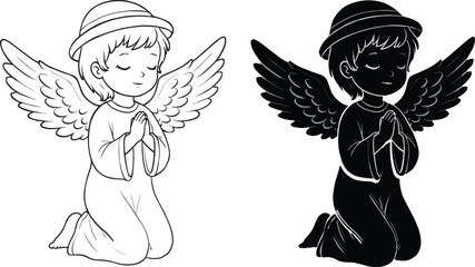 Kneeling angel prayer silhouette, religious vector art, spiritual wings illustration, Christian devotion design, sacred halo artwork, cad drawing flat vector illustration