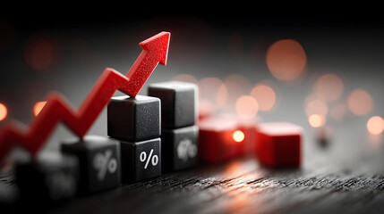 Optimistic business growth and finance success concept. red arrow on black cube graph shows an increase in investment and stock interest