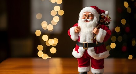 A Santa Claus figurine stands on a wooden table with festive bokeh lights in the background.