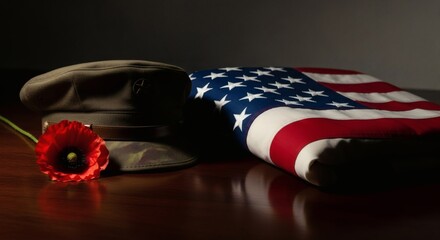 Naklejka premium Respectful remembrance of military service with folded american flag, poppy, and service cap on wooden table