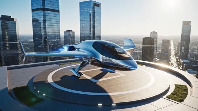 Futuristic eVTOL Aircraft Landing on a Rooftop Helipad in a Modern Cityscape at Sunset.