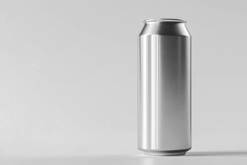 Silver metal drink can mockup on gray background &ndash; minimalist beverage packaging design