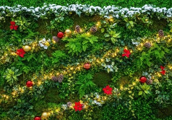 Green christmas tree decorated with red ornaments and twinkling lights