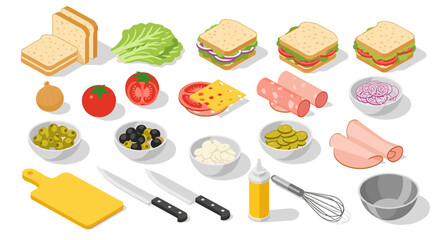 Isometric ingredients for sandwich preparation with vegetables and utensils