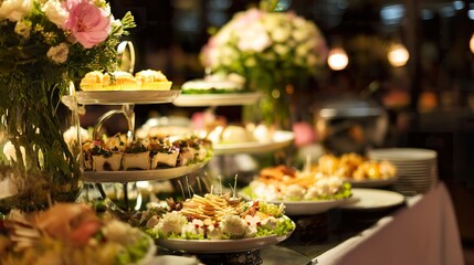 Naklejka premium ontology. Elegant wedding buffet table with tiered food displays and floral arrangements from above. menu design, packaging mockups, designed for culinary blogs and recipe cards for restaurants.