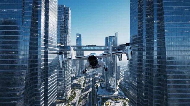 Futuristic eVTOL aircraft taking off from a skyscraper helipad in a modern city.