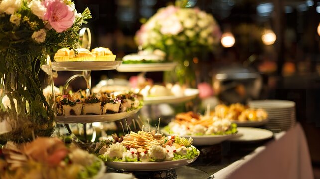 ontology. Elegant wedding buffet table with tiered food displays and floral arrangements from above. menu design, packaging mockups, designed for culinary blogs and recipe cards for restaurants.