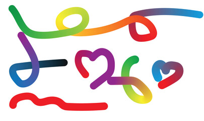 Colourful abstract wavy lines and heart shapes with a vibrant rainbow gradient on a white background