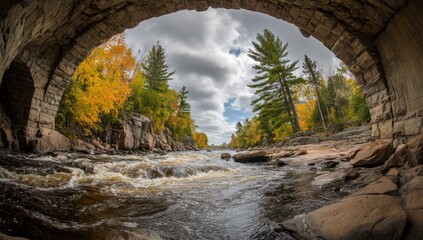Autumnal colors and rushing river, viewed through a stone archway, showcasing a picturesque fall landscape.