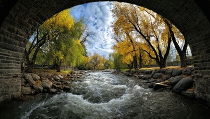 Autumnal scenery unfolds beneath a stone arch bridge, showcasing a rushing river, vibrant fall foliage, and textured stonework.