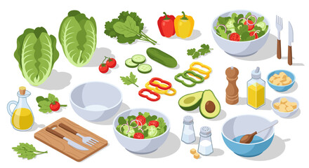 Fresh salad ingredients with avocado, peppers, and veggies in isometric style