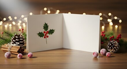 Blank Christmas greeting card with a holly illustration, surrounded by festive decorations and warm lights.