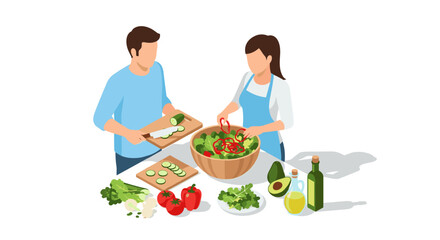 Couple preparing fresh salad in kitchen isometric cooking scene with vegetables and ingredients
