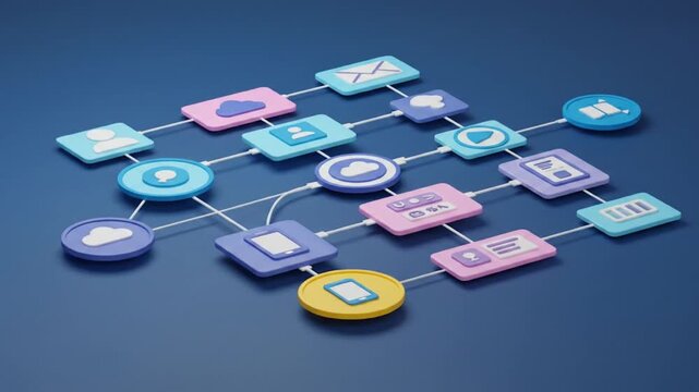 Workflow automation concept diagram showing data connection and processing on blue background