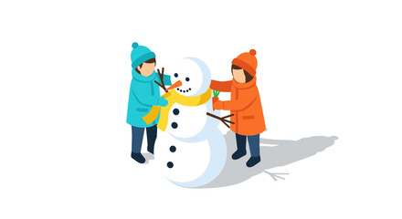 Children building snowman in winter attire isometric style