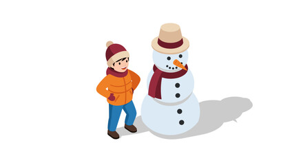 Isometric winter scene with child and snowman in colorful attire