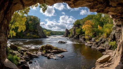 Scenic river vista framed by a cave opening, showcasing autumnal foliage and rugged cliffs.
