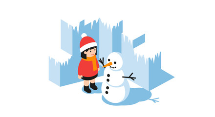 Winter wonderland girl and snowman scene in isometric style with ice background