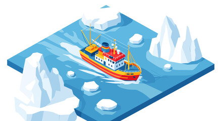 Colorful fishing boat navigates arctic waters in isometric iceberg scene © Maureen